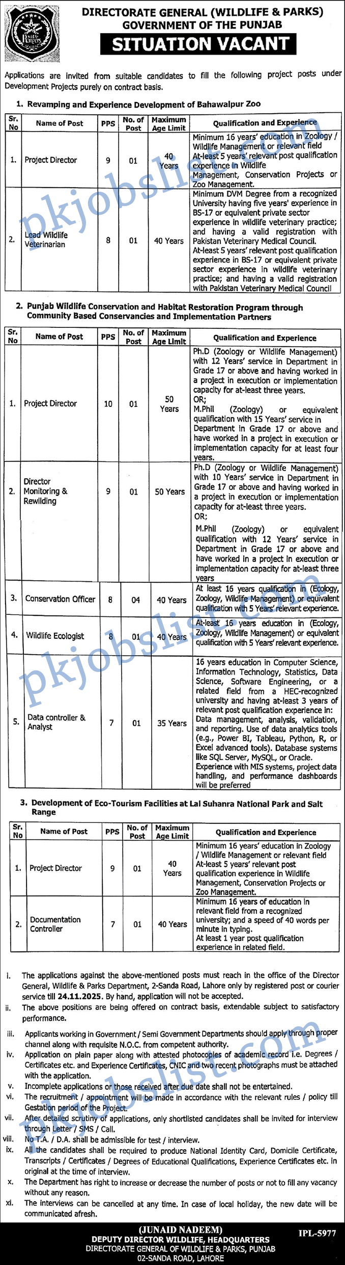 Punjab Wildlife and Parks Department Jobs 2025 November