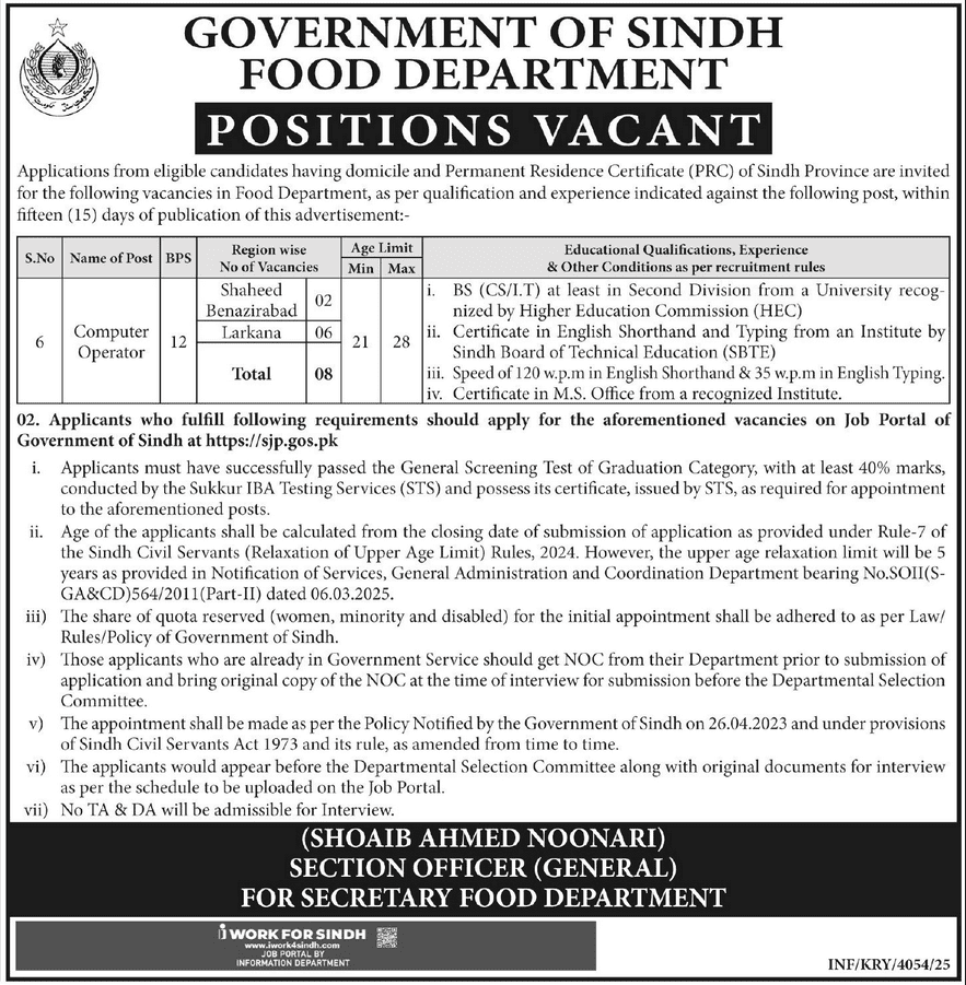 Sindh Food Department Jobs 2025 December Apply Online 1 54