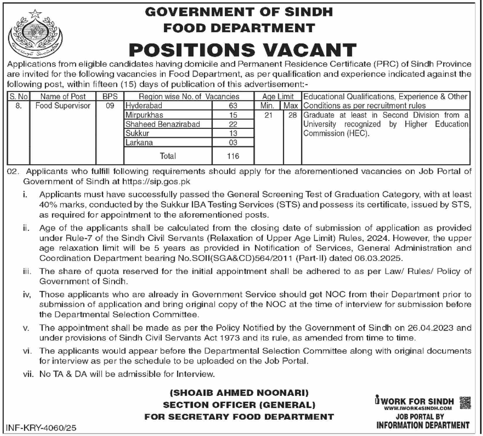 Sindh Food Department Jobs 2025 December Apply Online 6 60 04 12 2025 116 005