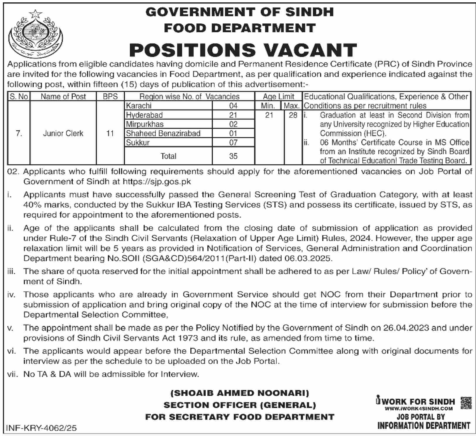 Sindh Food Department Jobs 2025 December Apply Online 8 62 04 12 2025 116 006