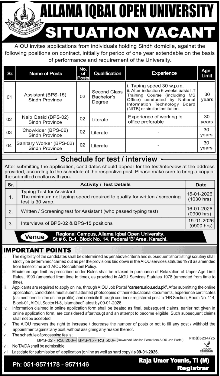Allama Iqbal Open University Jobs 2025 December Online Apply AIOU Latest