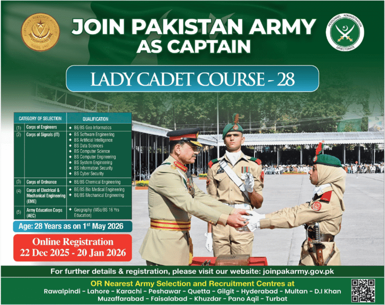 Pak Army Female Captain Jobs 2025 December Join as Lady Cadet