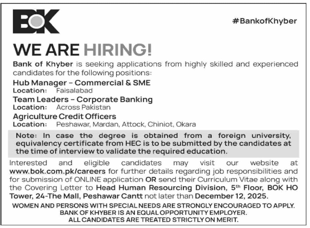 Bank of Khyber Jobs 2025 December Apply Online
