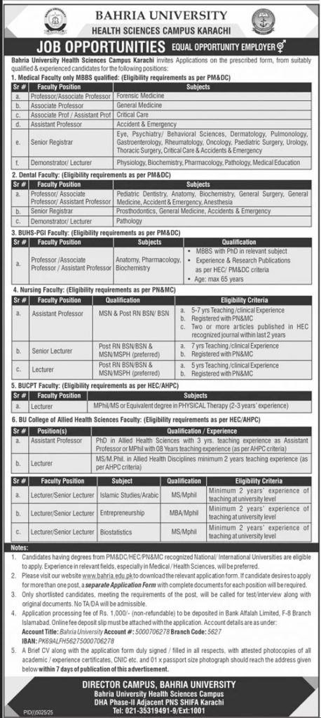 Bahria University Karachi Jobs 2025 December Teaching Faculty