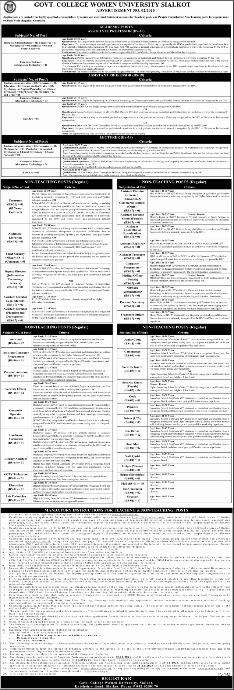 GC Women University Sialkot Jobs 2025 December Teaching Faculty & More