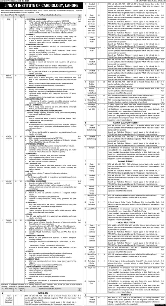 Jinnah Institute of Cardiology Jobs 2025 December Nurse Medical Officer Computer Operator & More