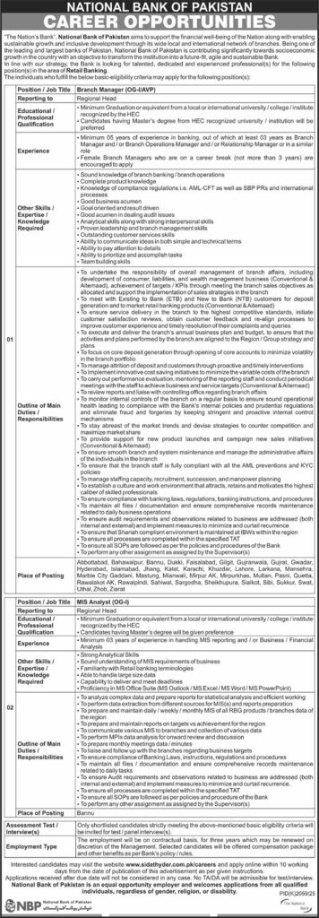 NBP Jobs 2025 December Branch Manager and MIS Analyst Apply Online