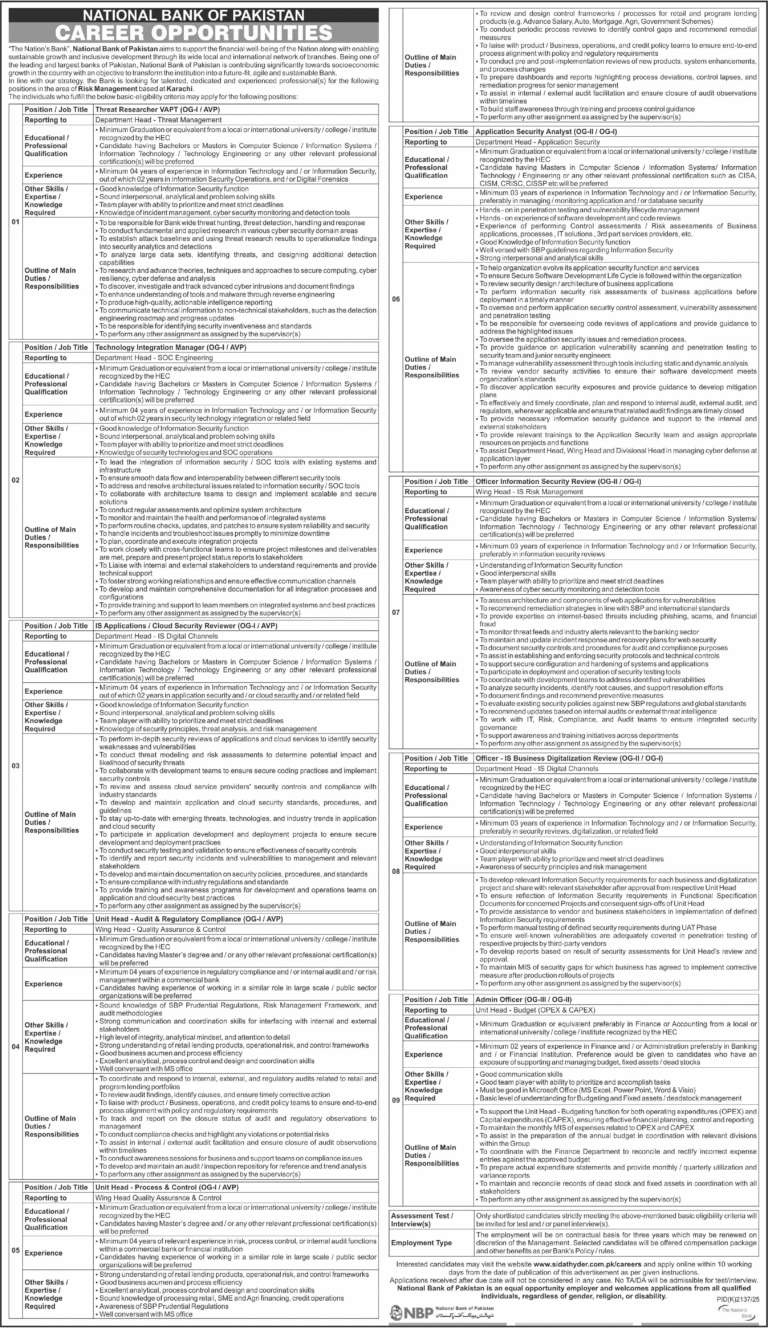 NBP Bank Jobs 2025 December Apply Online Latest Advertisement