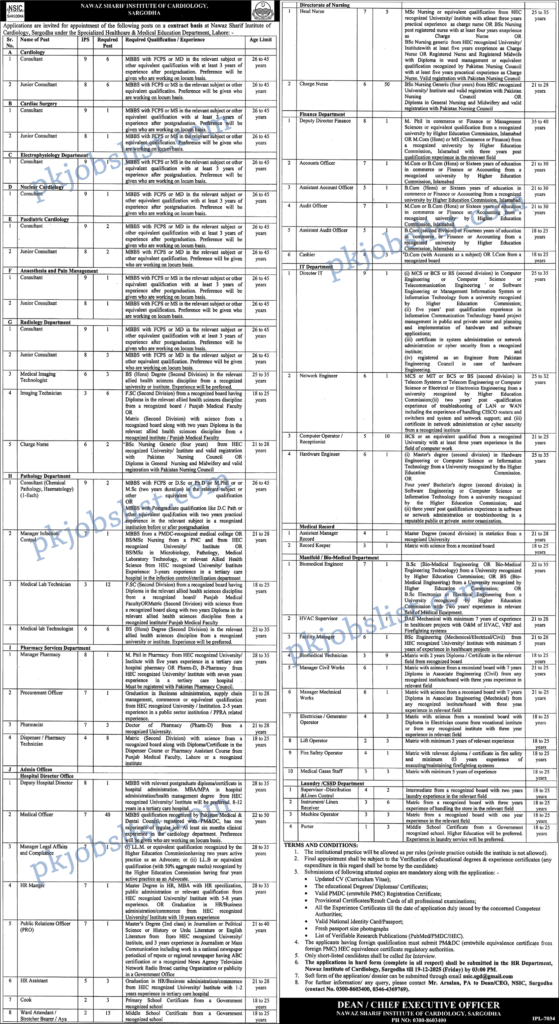 Nawaz Sharif Institute of Cardiology Sargodha Jobs 2025 December