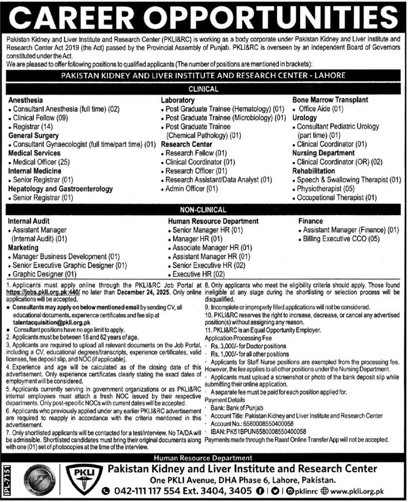PKLI Hospital Lahore Jobs 2025 December Online Apply
