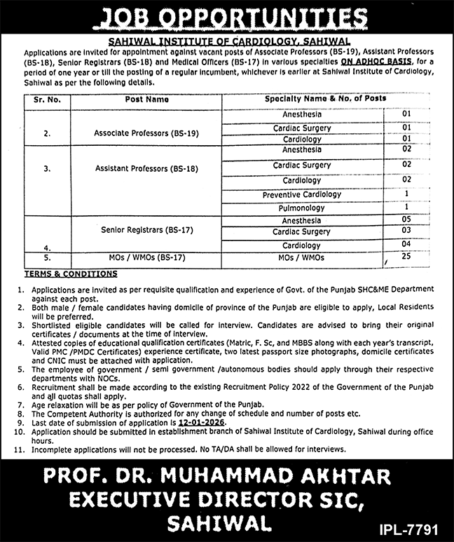Sahiwal Institute of Cardiology Jobs 2025 December Medical Officers