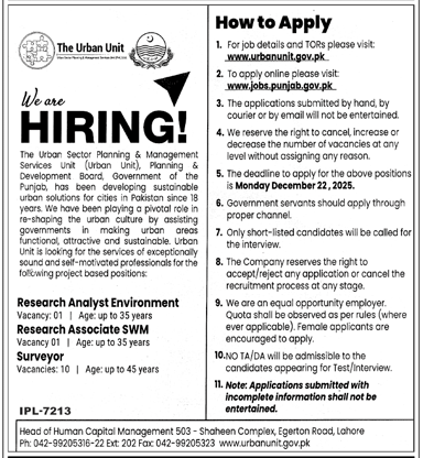 Urban Unit Punjab Jobs 2025 December Apply Online