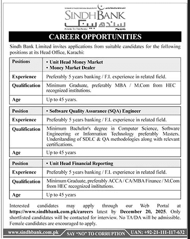 Sindh Bank Jobs 2025 December Apply Online