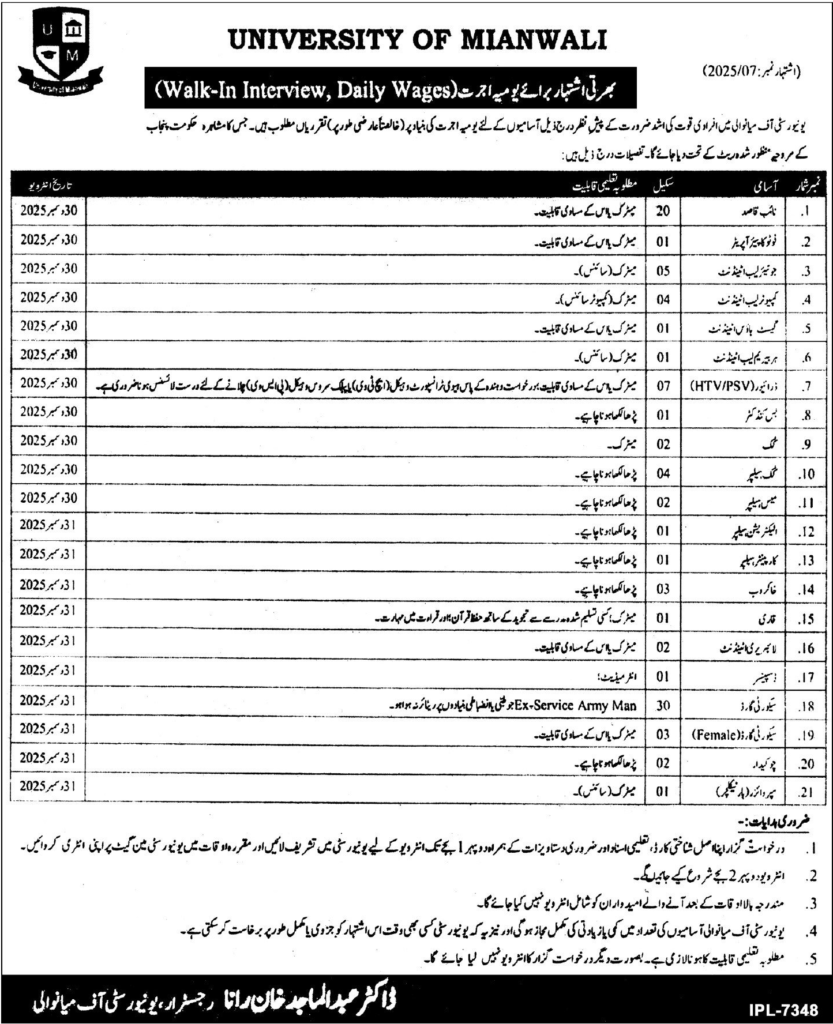 University of Mianwali Jobs 2025 December