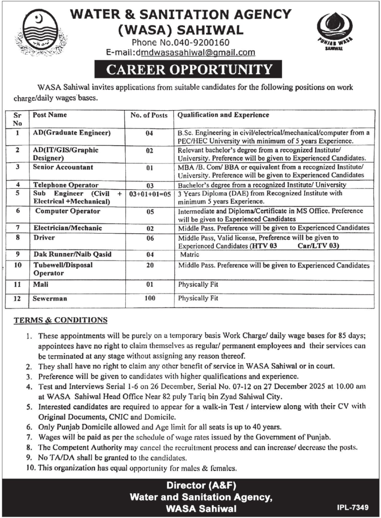 WASA Sahiwal Jobs 2025 December