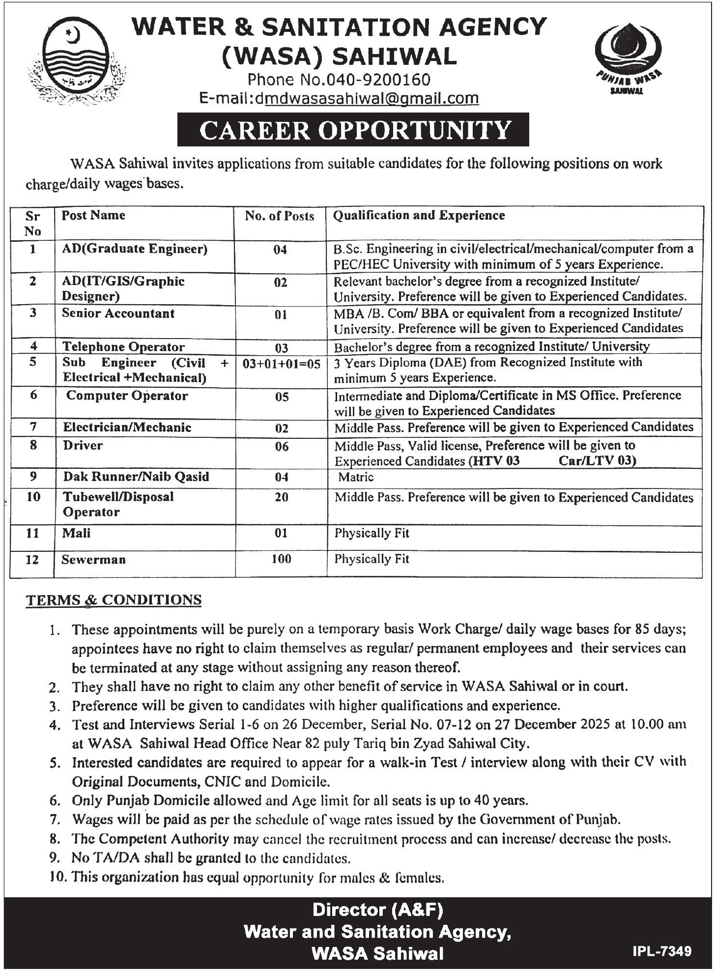 WASA Sahiwal Jobs 2025 December 1 WASA 2