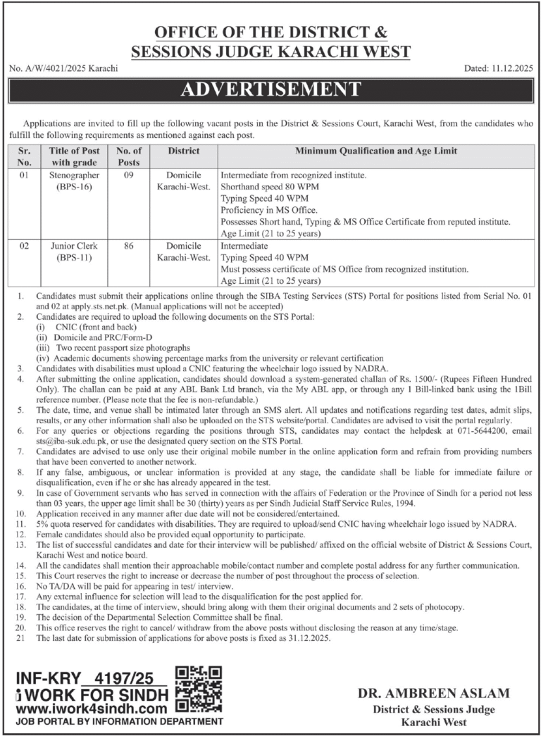 District Court Karachi Jobs 2025 December Apply Online