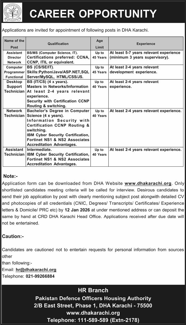 DHA Karachi Jobs 2026 January Application Form Defence Housing Authority