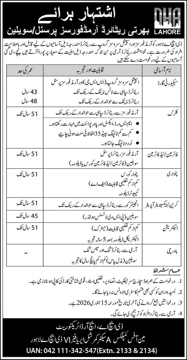 DHA Lahore Jobs 2026 January Security Guard Clerk & More at Defence Housing Authority