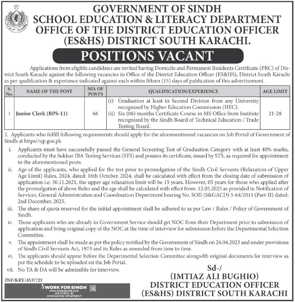 Education Department Sindh Jobs 2026 January Apply Online for Junior Clerks at Karachi