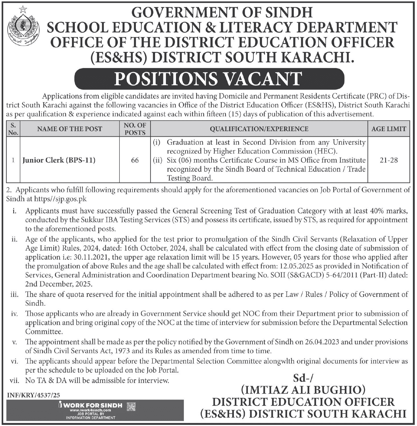 Education Department Sindh Jobs 2026 January Apply Online for Junior Clerks at Karachi 1 ED