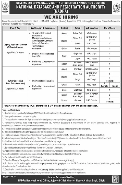 NADRA Gilgit Baltistan Jobs 2026 January Junior Executives, Data Entry Operator & More