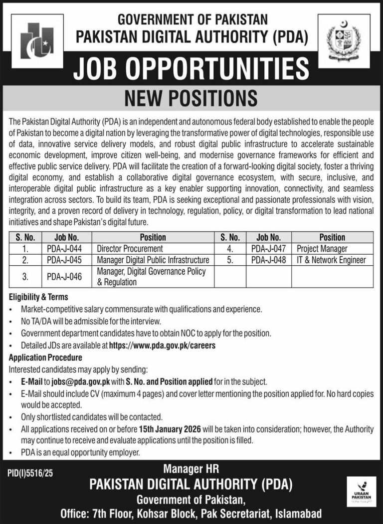 Pakistan Digital Authority Jobs 2026 January PDA Latest Vacancies