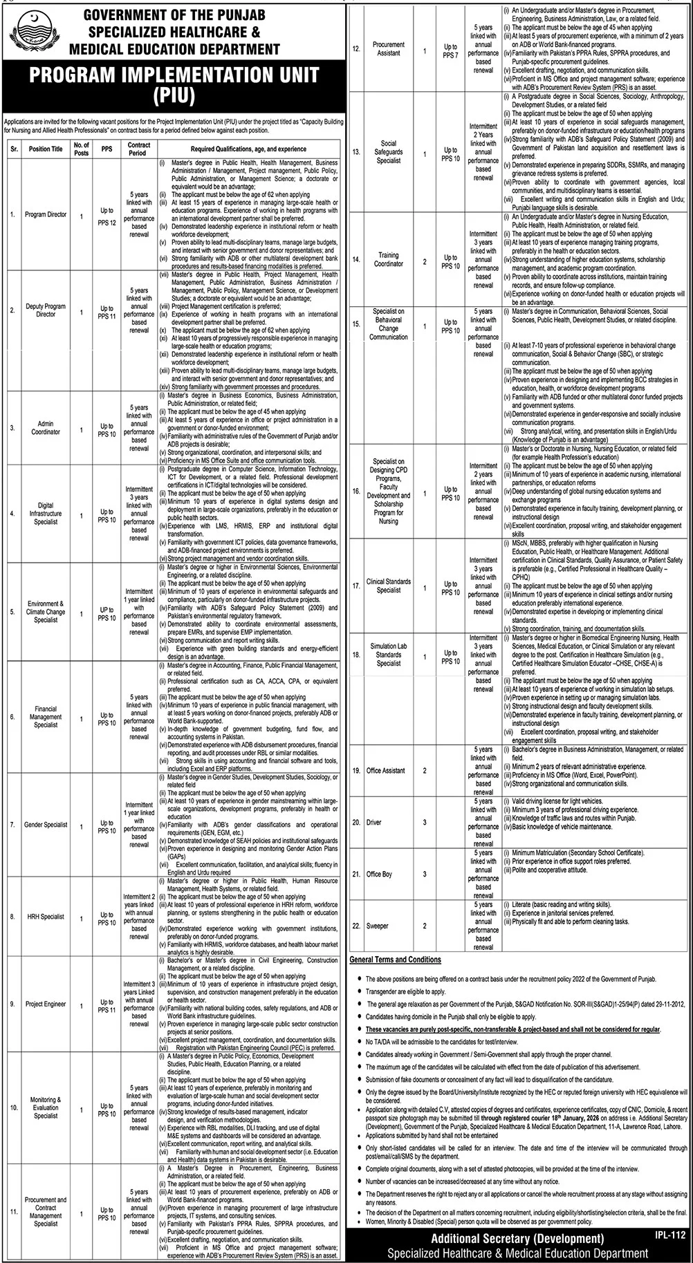 Specialized Healthcare and Medical Education Department Punjab Jobs 2026 January 1 PIU