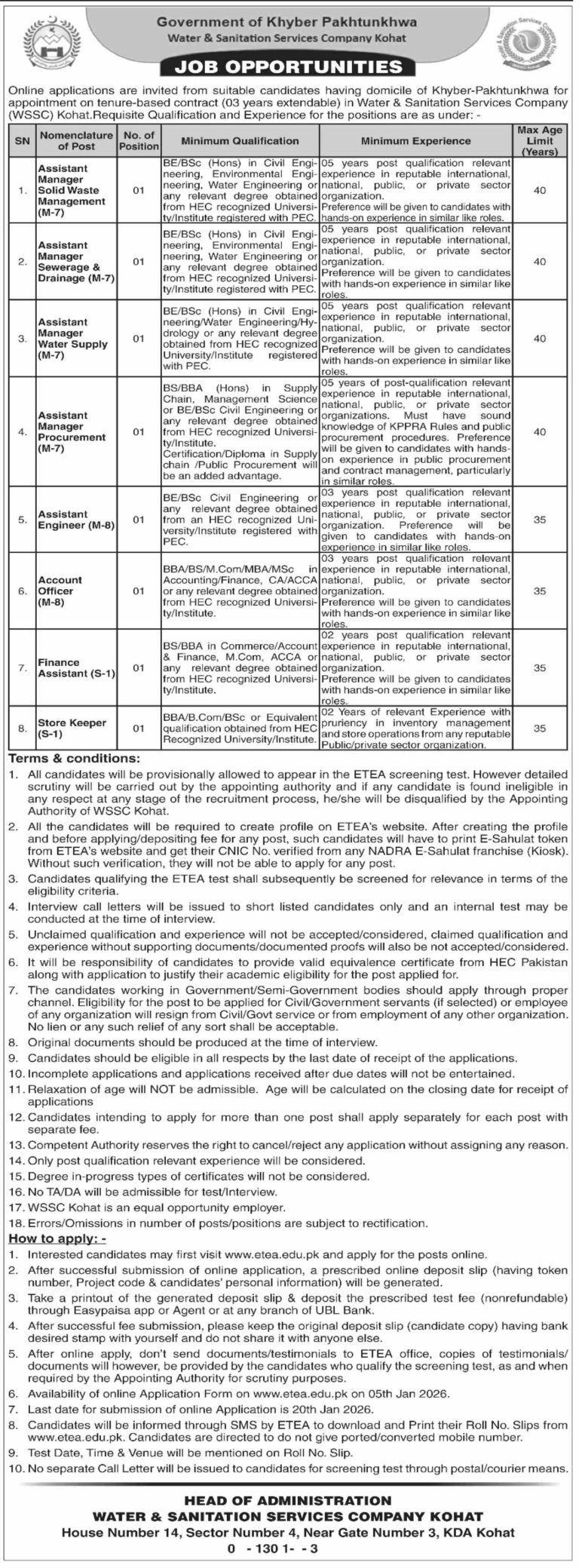 WASA KPK Jobs 2026 January ETEA Apply Online Water and Sanitation Agency