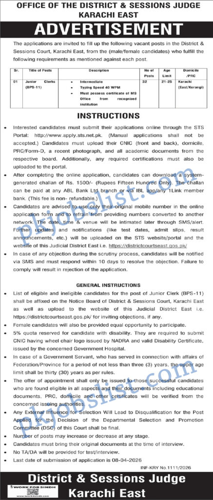 District and Session Court Karachi Jobs 2026 March Apply Online for Clerks