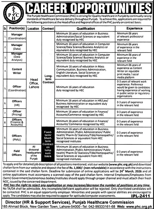 Punjab Healthcare Commission Jobs 2026 March PHC Application form Download