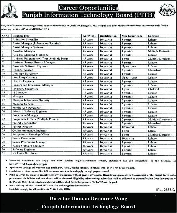 Punjab Information Technology Board Jobs 2026 March Apply Online